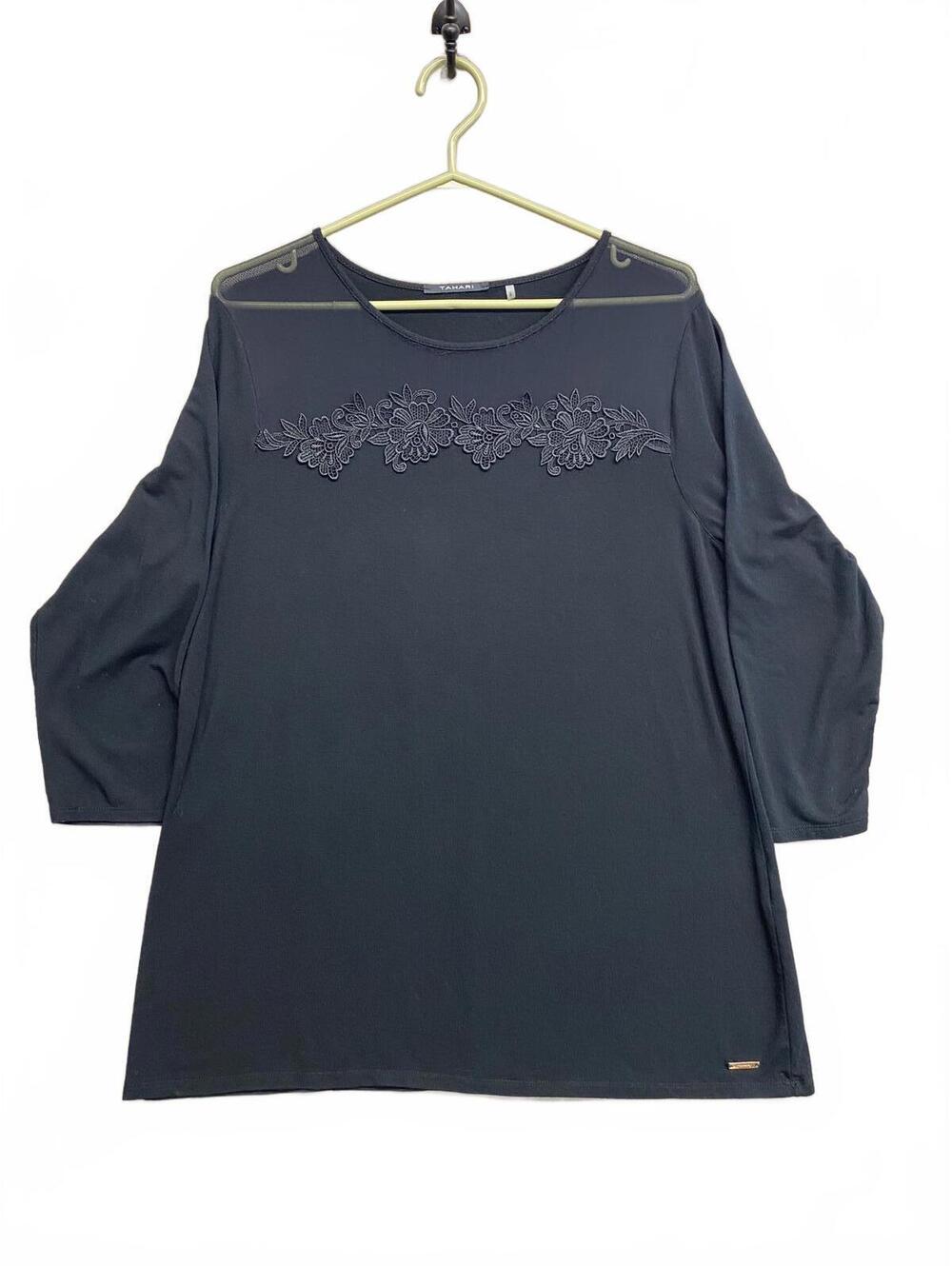 Vintag Y2K Tahari Black 3/4 Sleeve Embroidered Top and Sheer Shoulders Size XL